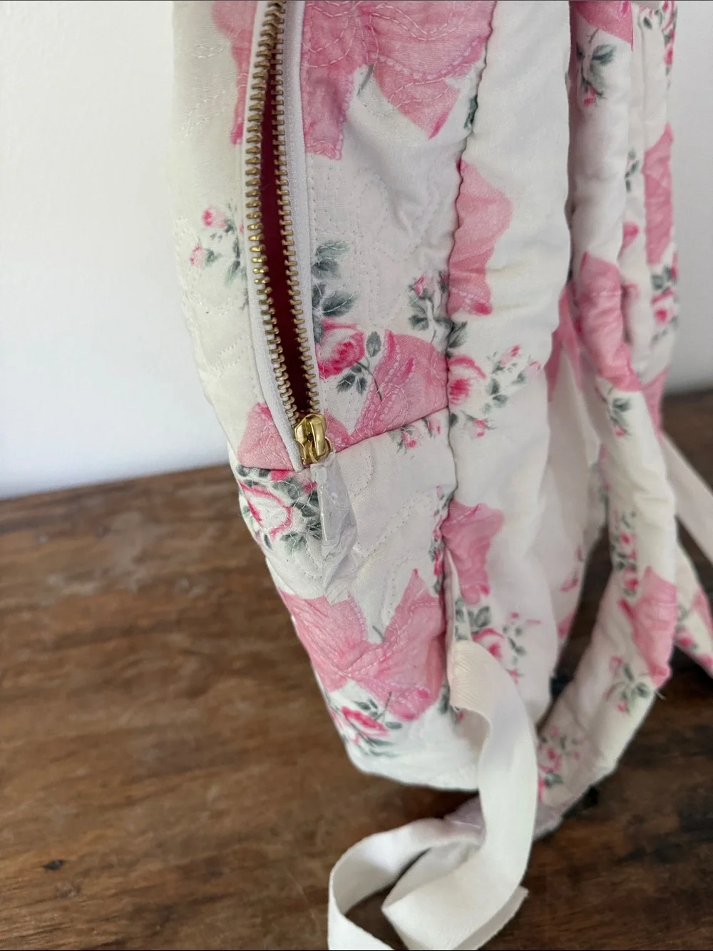 NWT LoveShackFancy Quilted Floral Cream and Pink Backpack with Bow Accent